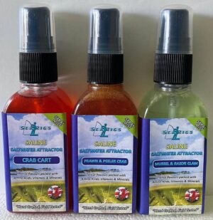 Sea Fishing Natural "Saline" Bait Sprays x3 -CART PEELER/PRAWN MUSSEL/RAZORCLAM