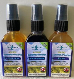 Sea Fishing Natural "Saline" Bait Sprays x3 Peeler Crab - Black Lugworm - Squid