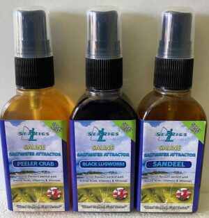 Sea Fishing Natural "Saline" Bait Sprays x3 - PEELER CRAB - BLACK LUG & SANDEEL