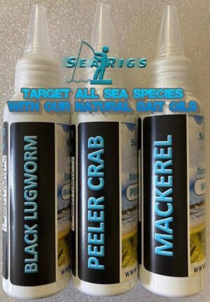 Black Lugworm - Peeler Crab - Mackerel - 3 x Sea fishing oil - Bait Attractant