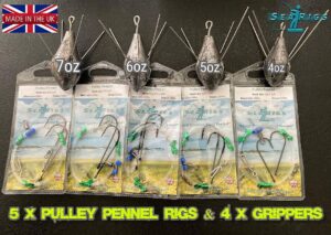 Sea Fishing 4 Super Breakaway Gripper Weights & 5 Pulley Pennell clip down Rigs